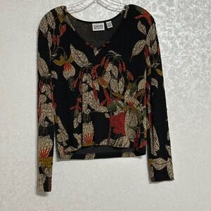 Chico's‎ Design Floral Long Sleeve Top V Neck Blouse Black Multicolor Sz 0 S